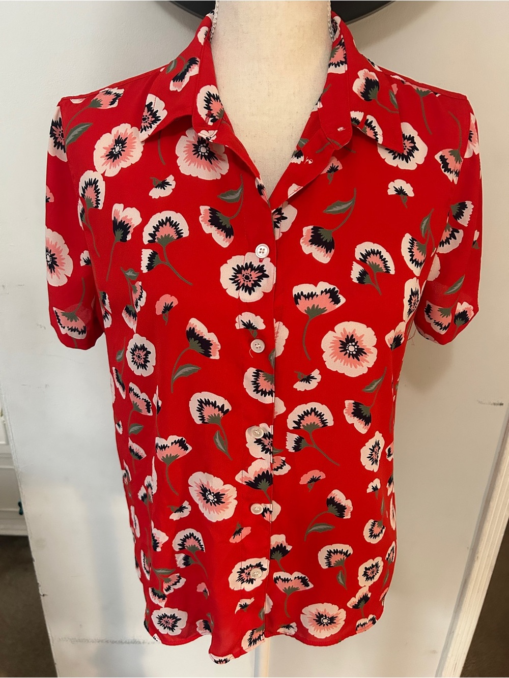 J. Crew Red Floral Short-Sleeve Button-Down Shirt